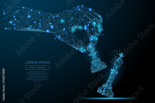 Abstract image of a hand holding chess pawn in the form of a starry sky or space, consisting of points, lines, and shapes in the form of planets, stars and the universe. Vector business concept.