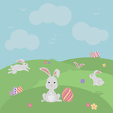 Easter greeting card with bunnies and decorated eggs. Vector illustration