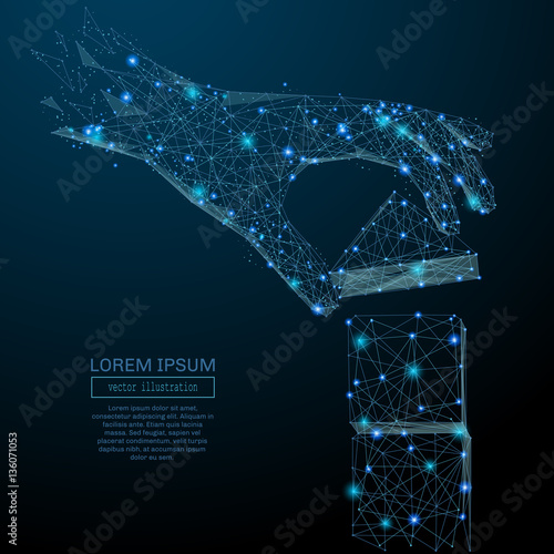 Abstract image of a hand pick up the high tower in the form of a starry sky or space, consisting of points, lines, and shapes in the form of planets, stars and the universe. Vector business