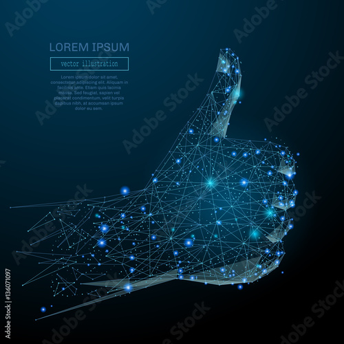 Abstract image of a hand Thumb up in the form of a starry sky or space, consisting of points, lines, and shapes in the form of planets, stars and the universe. Vector business