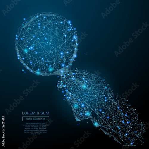 Abstract image of a magnifier on hand in the form of a starry sky or space, consisting of points, lines, and shapes in the form of planets, stars and the universe. Vector business