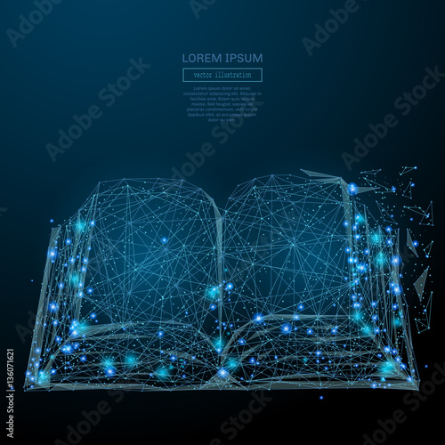 Abstract image of a open book in the form of a starry sky or space, consisting of points, lines, and shapes in the form of planets, stars and the universe. Vector business