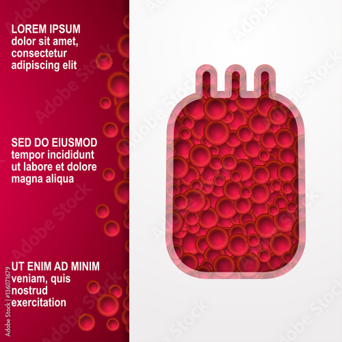 Blood donation Poster template Vector illustration Blood in the whole package for transfusion on white background Red blood cells on red background with space for inscription Paper art