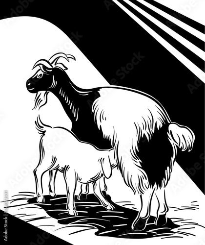 Goat suckling her puppy in the barn.