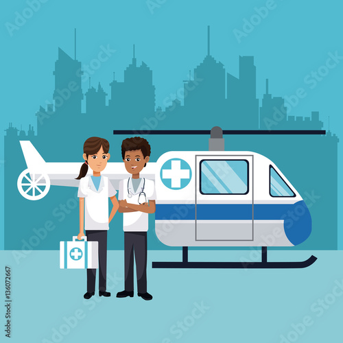 medical staff with helicopter emergency vector illustration eps 10