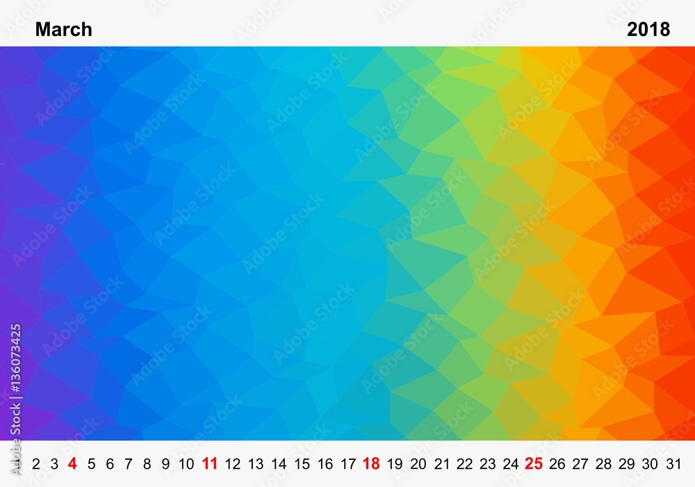 Simple color calendar of colored triangles for march for the year 2018.Month name and year numbers up and down the pictures with red Sunday on white background