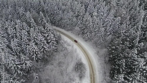 Car driving through snowy pine forest in winter