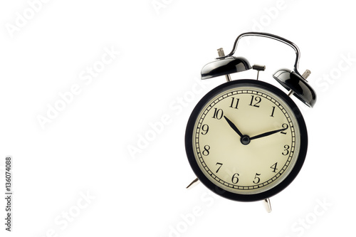 black vintage alarm clock isolated floating on the air with whit