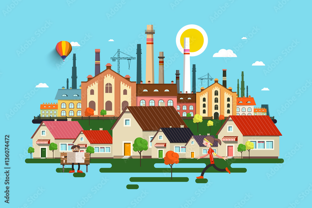 Abstract Vector City. Town with Buildings, Houses, Factory and People.