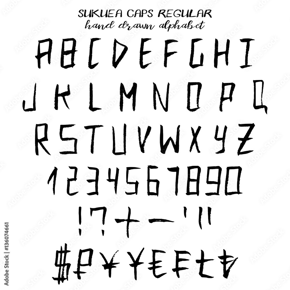 Hand drawn alphabet, written grunge font in Japanese style with square symbols: black capital letters, numbers and signs of currency. Word Sukuea from Japanese means Square. Vector illustration Hand drawn alphabet, written grunge font in Japanese style with square symbols: black capital letters, numbers and signs of currency. Word Sukuea from Japanese means Square. Vector illustration