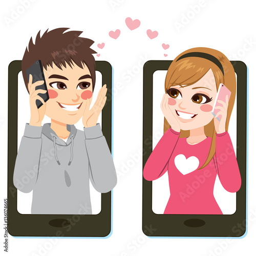 Illustration of cute teenager couple in love connection with smartphone concept