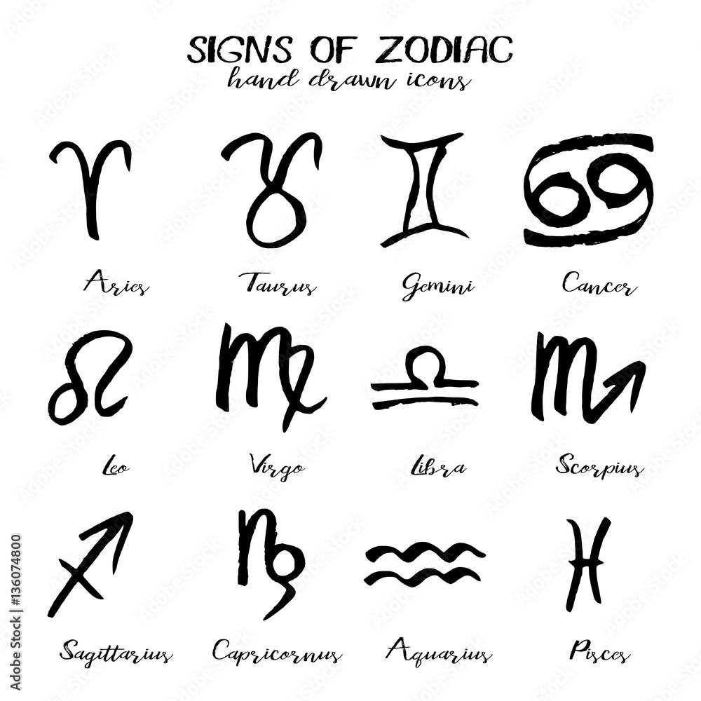 Set of icons with signs of Zodiac in hand drawn technique and grunge style isolated on white background. Symbols of zodiac horoscope. Vector illustration Set of icons with signs of Zodiac in hand drawn technique and grunge style isolated on white background. Symbols of zodiac horoscope. Vector illustration