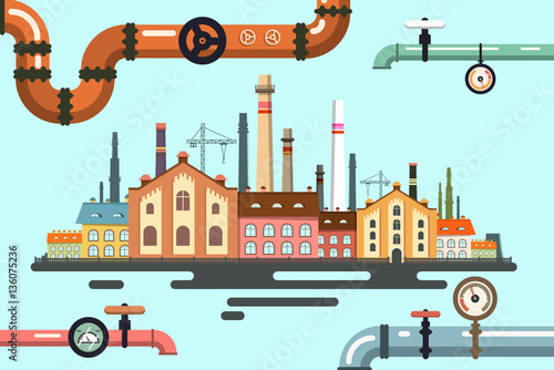 Old Factory with Pipeline. Vector Flat Design Illustration.
