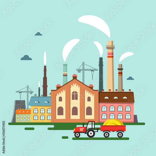 Old Factory with Chimney Smoke. Retro Flat Design Vector with Tractor.
