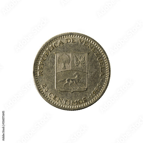 25 venezuelan centimos coin (1965) obverse isolated on white bac photo