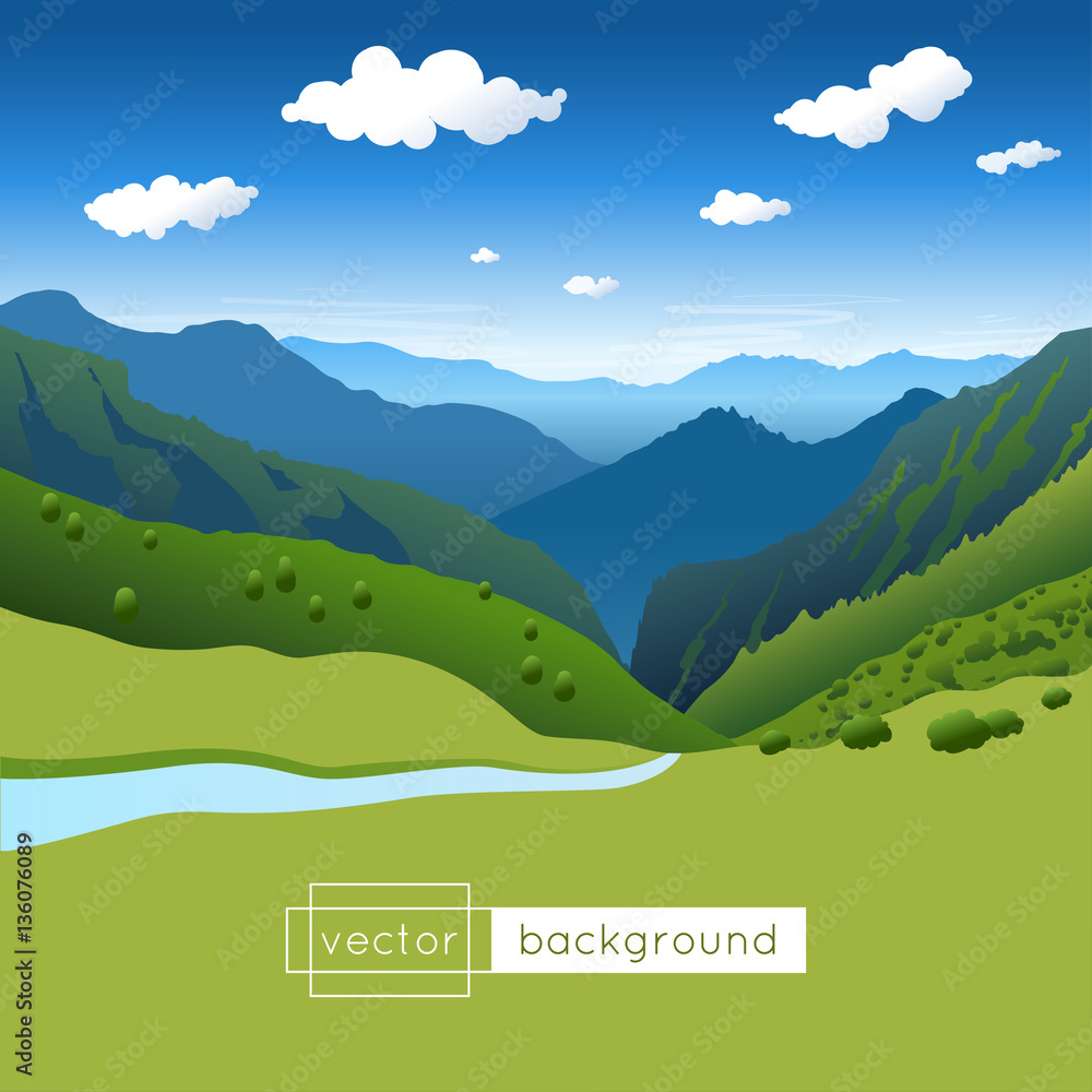 Vector landscape with blue sky, mountains, river and clouds in gradient ...