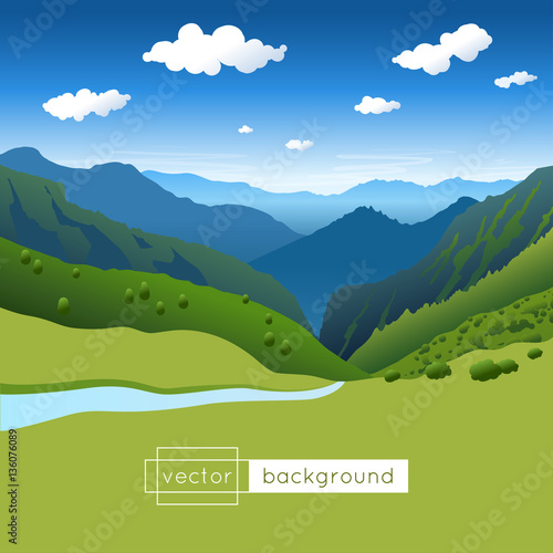 Vector landscape with blue sky, mountains, river and clouds in gradient colors. Template of banner, backdrop, poster or splash screen. Background with summer afternoon.