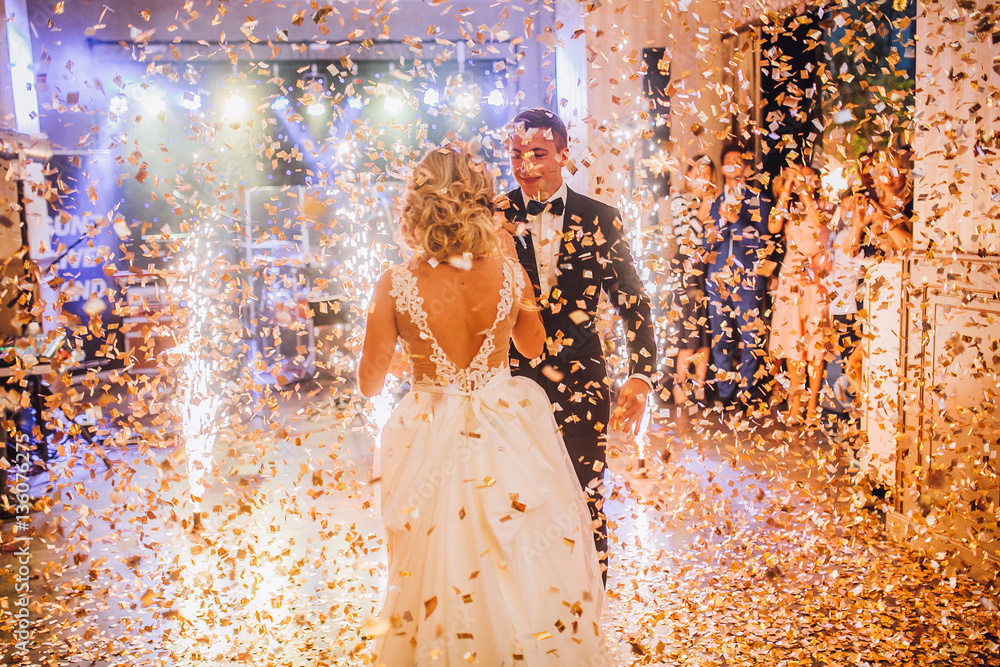 brides wedding party in the elegant restaurant with a wonderful light and atmosphere