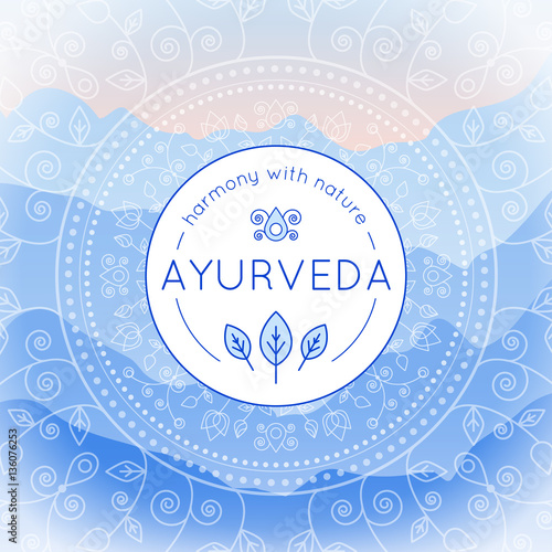 Vector Ayurveda illustration with mountains landscape, ethnic patterns and sample text in blue colors for use as a template of banner, backdrop or poster for ayurveda medicine center or product.