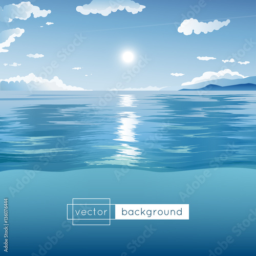 Vector landscape with sea, blue sky, sun, clouds and hills in the noon in gradient colors for use as a template of banner, backdrop, poster or splash screen.