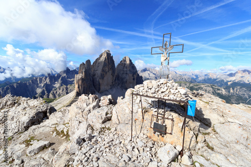 Mountain Drei Zinnen and Paternkofel summit cross in South Tyrol, Italy photo