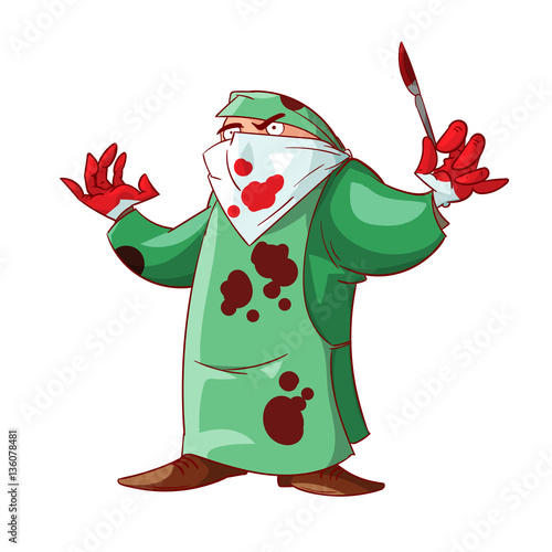 Colorful vector illustration of a cartoon crazy doctor with scalpel and bloody hands and clothes.