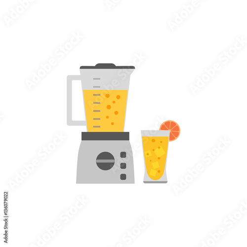 Kitchen appliance isolated on white. Electric blender, glass of juice. Home food processor juicer machine. Flat style vector household blending device. Design element fresh drink advertisement banner