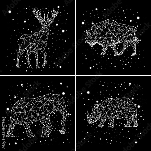 set of constellations. deer, elephant, rhinoceros, bison. vector