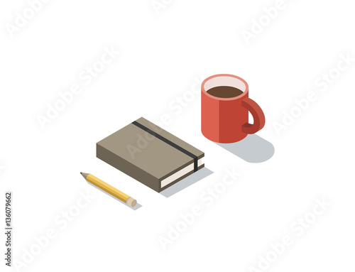 Vector isometric illustration of notebook with coffee cup,