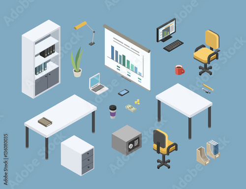 Vector isometric sat of office furniture, 3d flat interior design elements