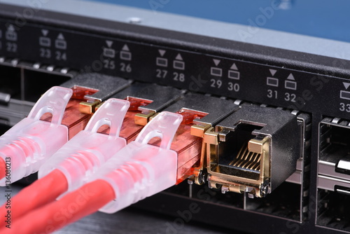 Technology devices, network switch with patch cord cables closeup