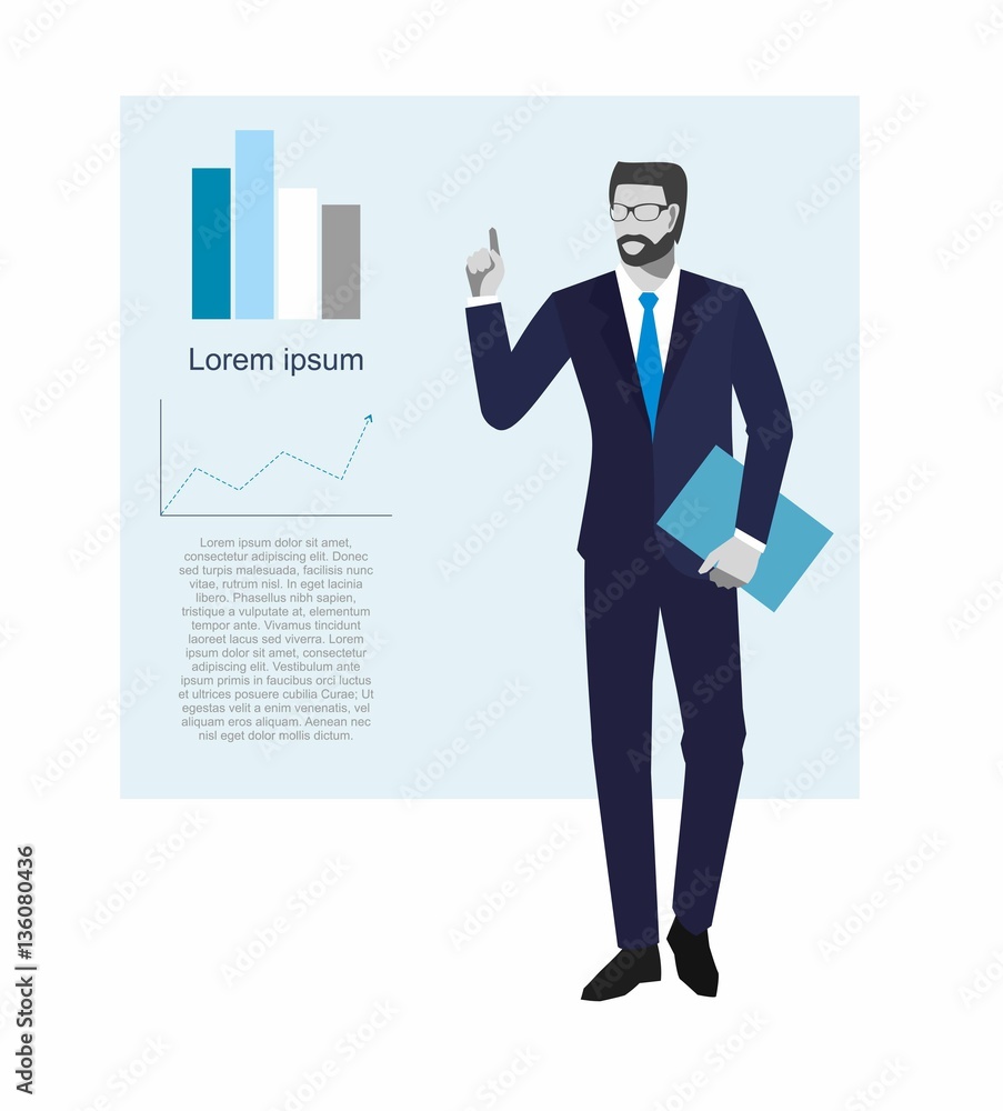 Money, success in business, the concept is something. Financial charts theme elements. A vector illustration of a faceless male pointing at a graph Money, success in business, the concept is something. Financial charts theme elements. A vector illustration of a faceless male pointing at a graph