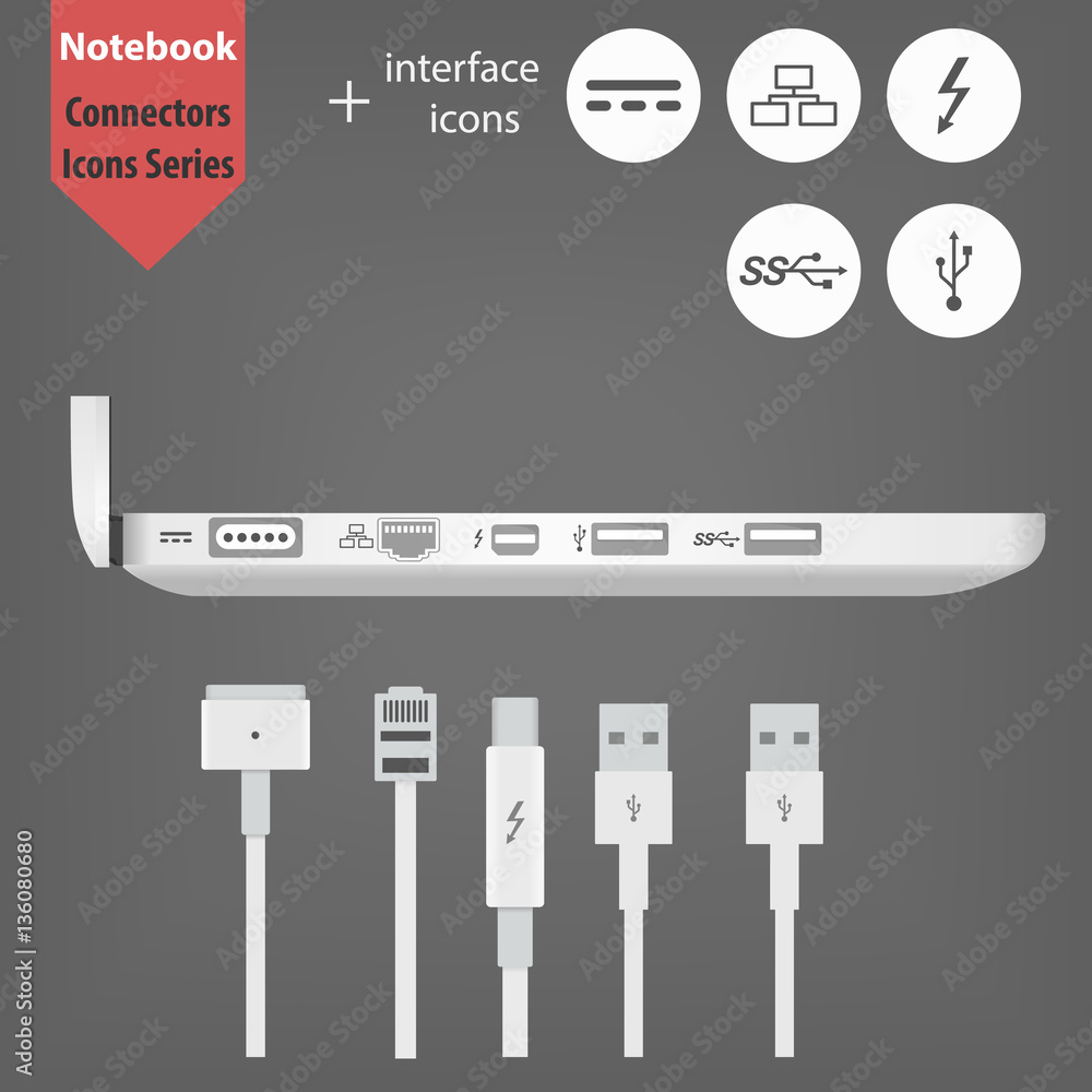 Laptop side view with connectors icon. Notebook and 5 interface icons.  MagSafe 2, Ethernet, Thunderbolt, USB