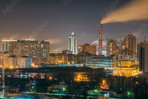 Evening winter cityscape view of industrial area in Voronezh. 