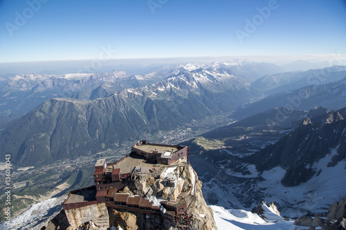 The lower platform with terraces at Aiguille du Midi above the french town of Chamonix