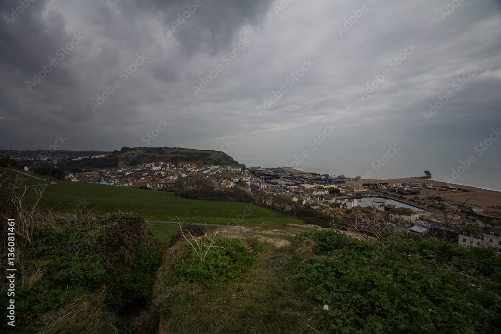 Dark cloudy afternoon in Hastings, Great Britain