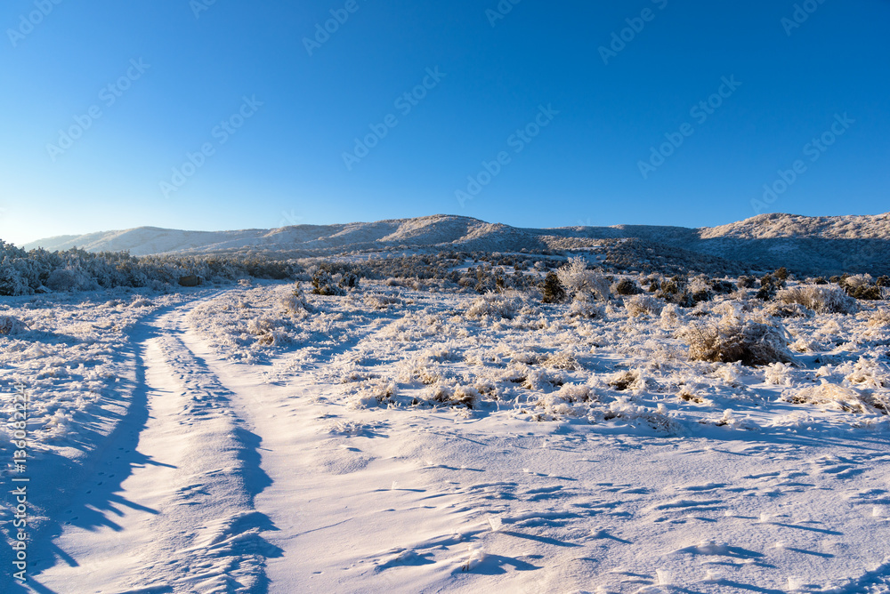 winter road leads to mountain, landscape