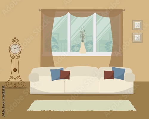 Living room in a beige color. There is a sofa with pillows on a window background in the picture. There is also a grandfather clock here. Vector flat illustration.
