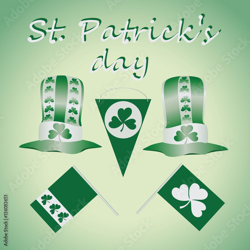  Green-and-white set for St. Patrick's Day. Design elements set. Festival st patrick day icons shamrock lucky spring. happy celebration decoration. Ireland holiday patrick day leprechaun symbols. photo