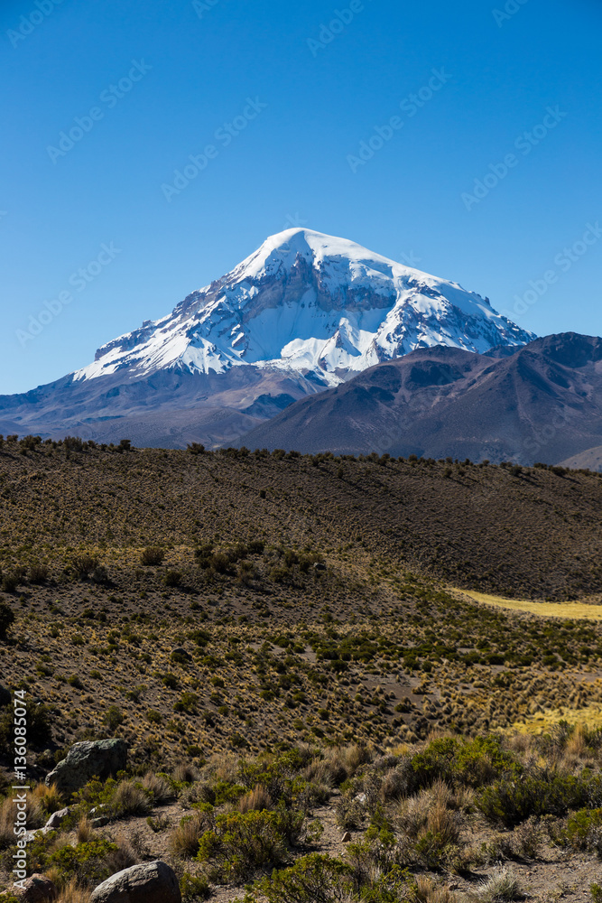 high Andean tundra landscape in the mountains of the Andes. Sajama National Park is a national park located in the Oruro Department, Bolivia. It borders Lauca National Park in Chile. 