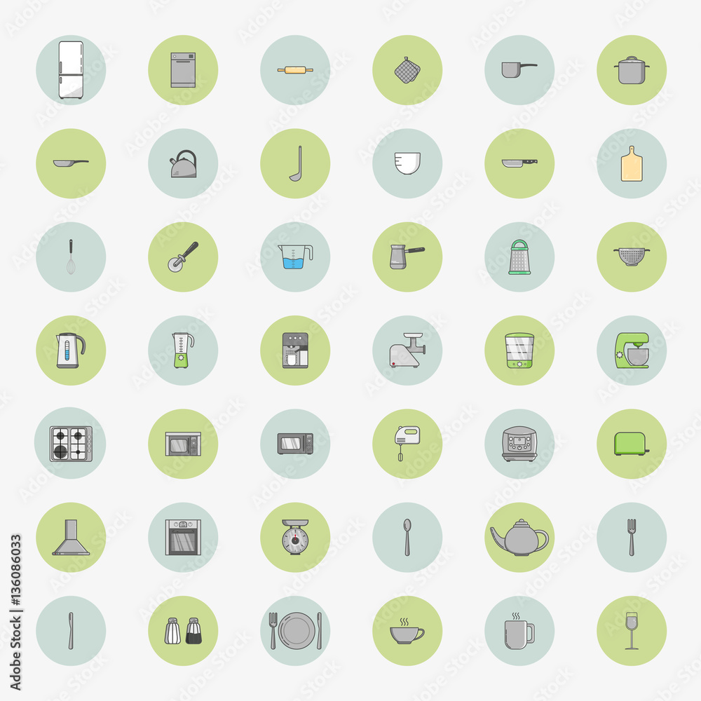 Big set of fourty two round icons of kitchen appliances in flat style. Vector illustration.
Big set of fourty two round icons of kitchen appliances in flat style. Vector illustration.