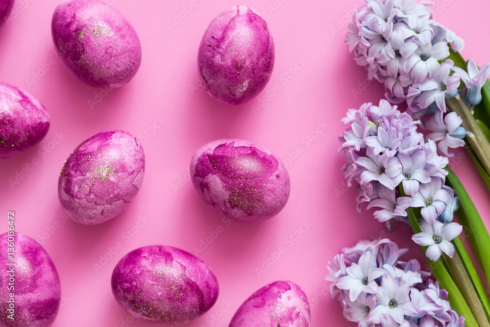Fresh purple flowers hyacinths on pink background. Selective focus. Place for text. Fresh purple flowers hyacinths on pink background. Selective focus. Place for text.