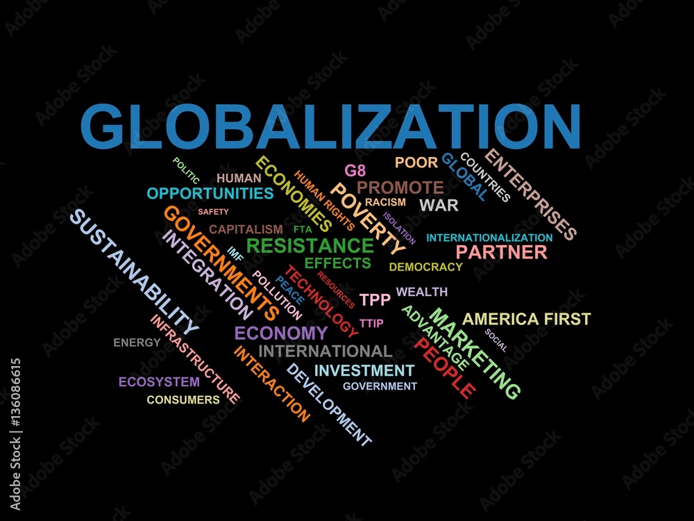 GLOBALIZATION - word cloud wordcloud - terms from the globalization,  economy and policy environment Иллюстрация Stock | Adobe Stock