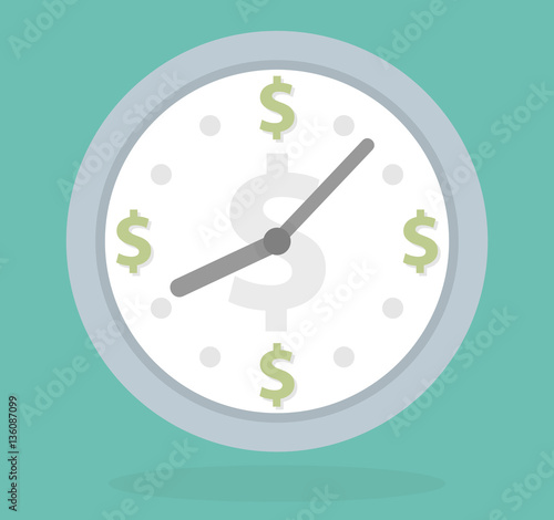 Time is money symbol concept. Wall Clock with dollar symbols. Flat design