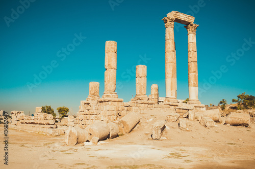 Hercules Temple remains on Amman Citadel hill, Jordan. Ancient ruins. Travel concept. Tourist attraction. Sightseeing tour. Famous historical monument. Copy space.