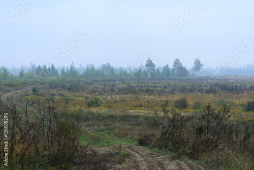 Fog in the field, road, Belarus, Brest region, September, autumn, morning, dawn,