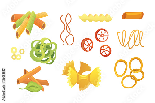 Vector set Italian pasta in cartoon style. Different types and shapes of macaroni with. Ravioli, spaghetti, tortiglioni illustration photo