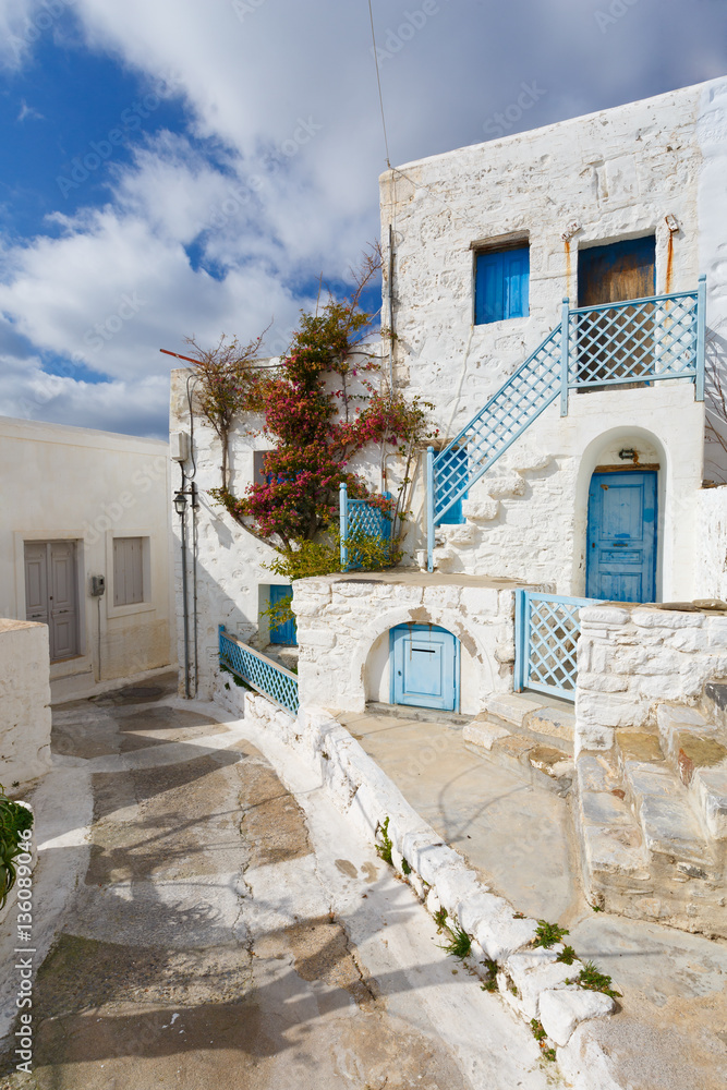 Characteristic architecture in a street of Chora village on Astypalea island.