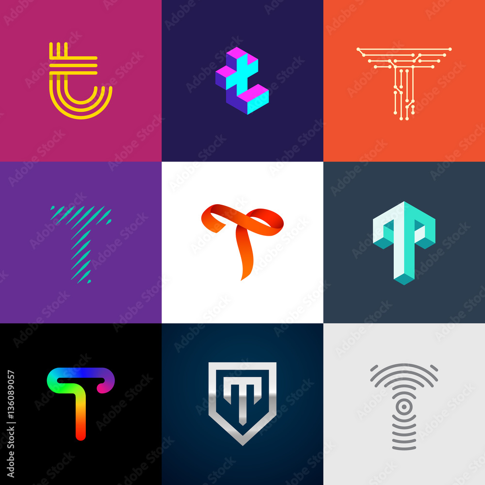 Letter "T" big logo pack. Creative vector monograms. Striped, ribbon, colorful, isometric, linear, 3d logos.Eps10 format. - obrazy, fototapety, plakaty 