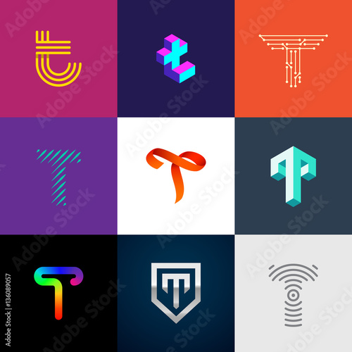Letter "T" big logo pack. Creative vector monograms. Striped, ribbon, colorful, isometric, linear, 3d logos.Eps10 format.